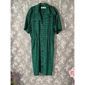 Vintage 90s Green Dress Size Large 1990s Retro Secretary Collared Button Front
